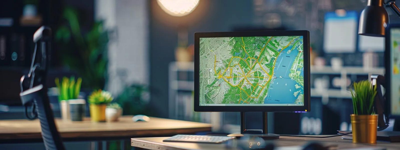 a vibrant office setting showcases a computer screen displaying a clear local map with highlighted business locations, symbolizing the crucial role of accurate online citations in enhancing local seo visibility and customer trust.
