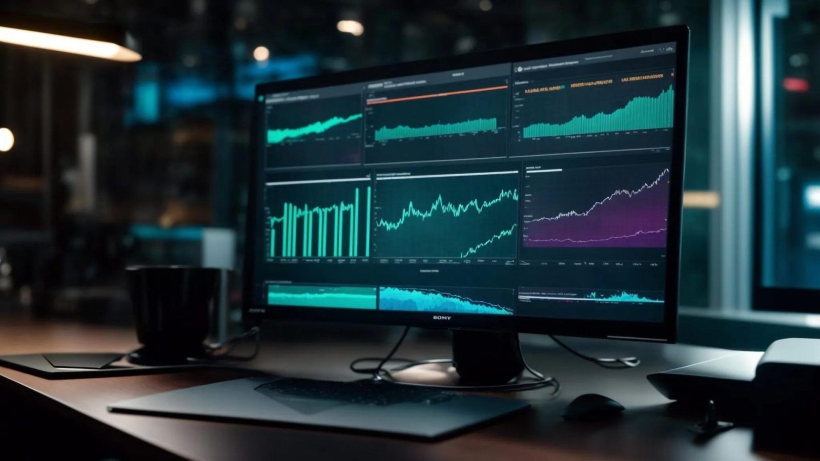 a high-tech digital workspace featuring a sleek computer screen displaying vibrant graphs and metrics that illustrate web performance analytics, bathed in soft, focused lighting to emphasize the critical tools for measuring site speed.