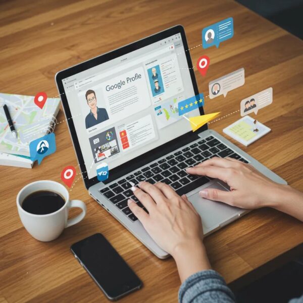 Person optimizing Google Business Profile on laptop with local SEO elements, coffee cup and smartphone nearby, illustrating digital marketing strategies.