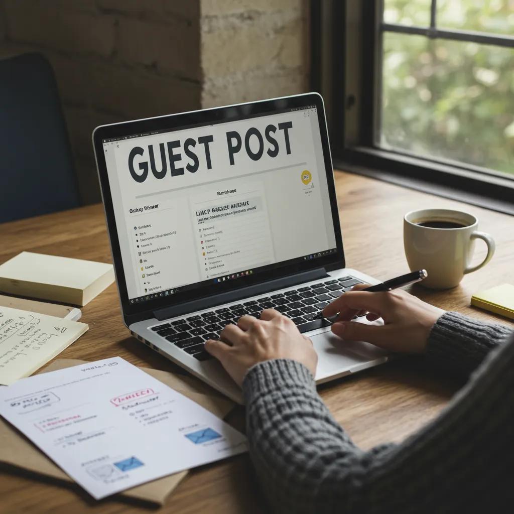 An individual crafting a guest post in a comfortable workspace surrounded by notes and a coffee mug