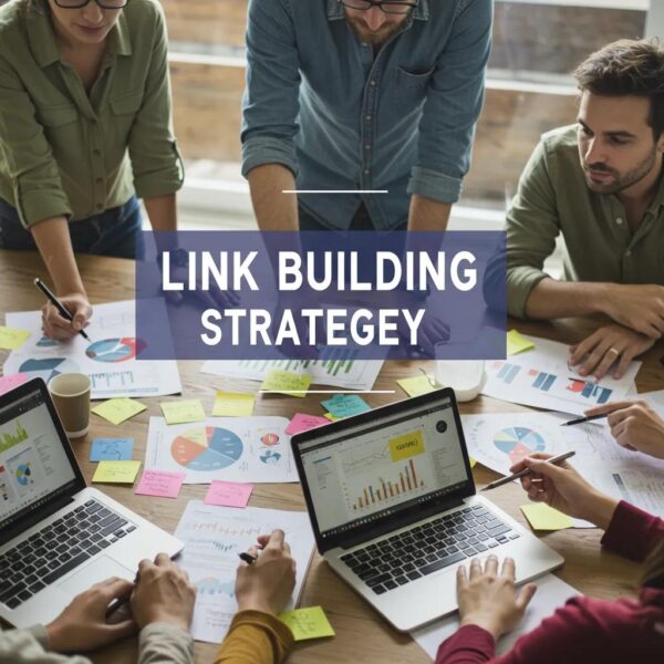 Professionals collaborating on link building strategies with laptops and charts in a modern office setting.