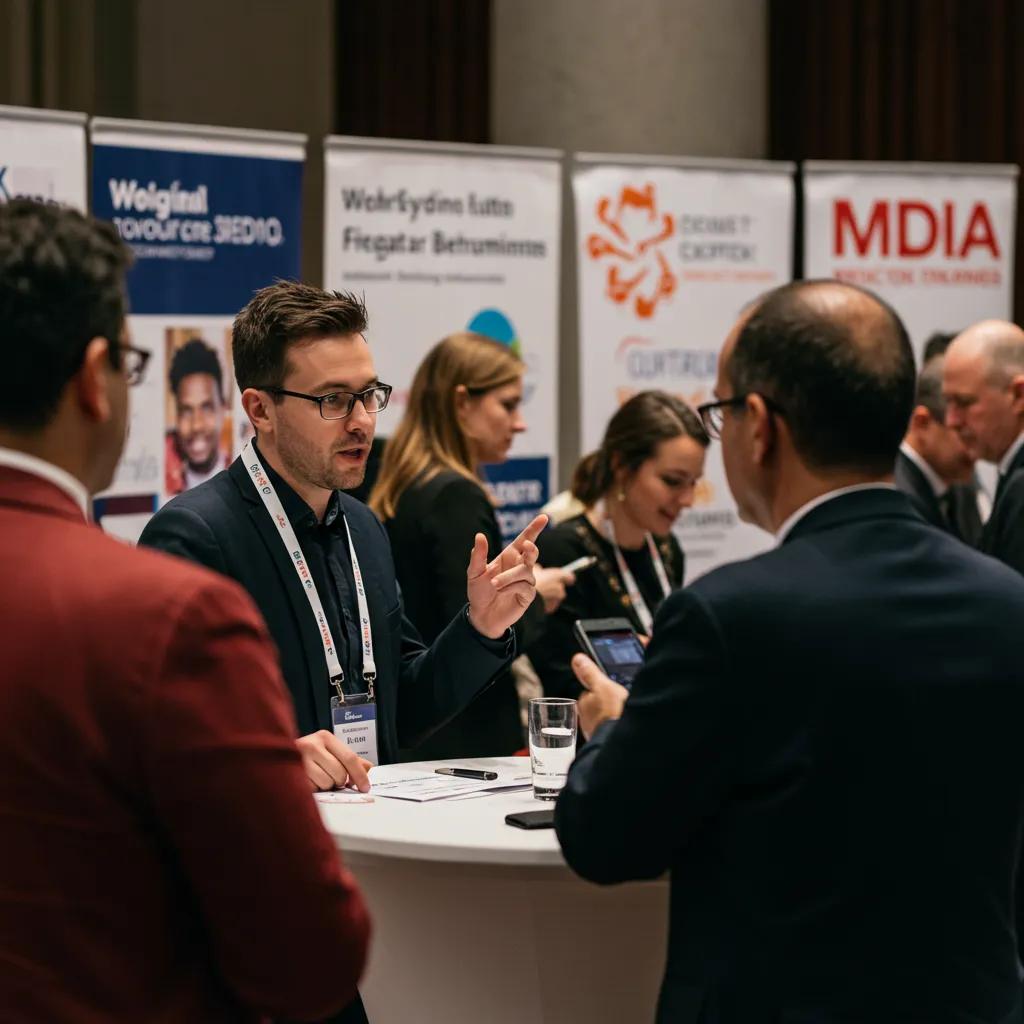 A public relations professional engaging with journalists at a networking event
