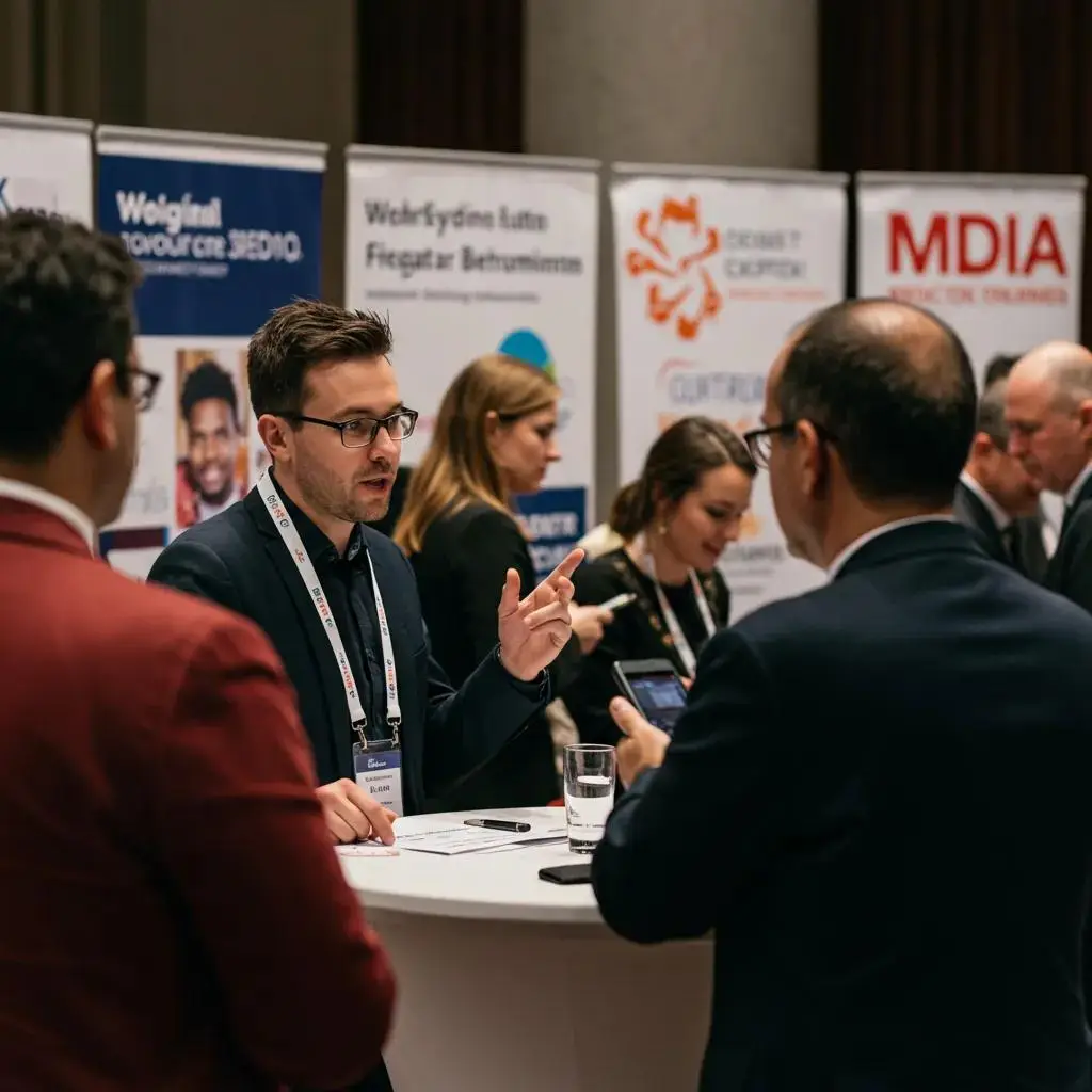 A public relations professional engaging with journalists at a networking event