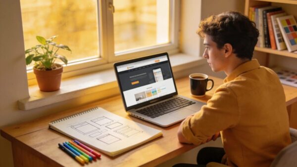 Small business owner reviewing website design in a bright, engaging workspace