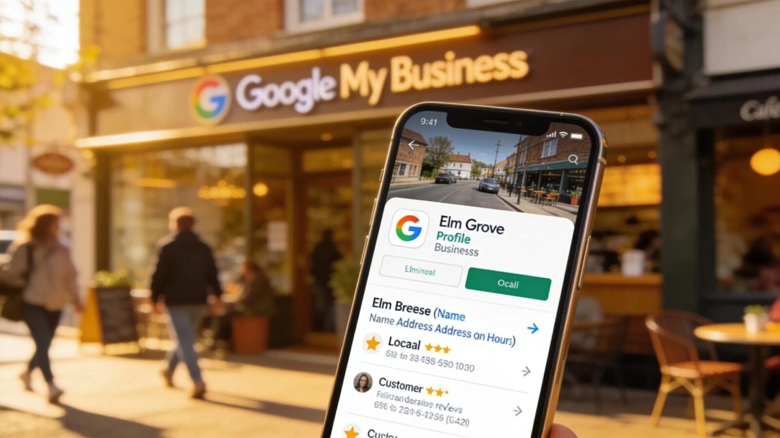 Smartphone displaying an optimized Google My Business profile for a local business