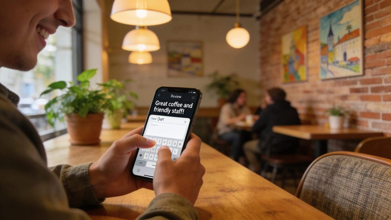 Customer happily leaving a review on a mobile device in a cozy café setting, highlighting community and customer interaction