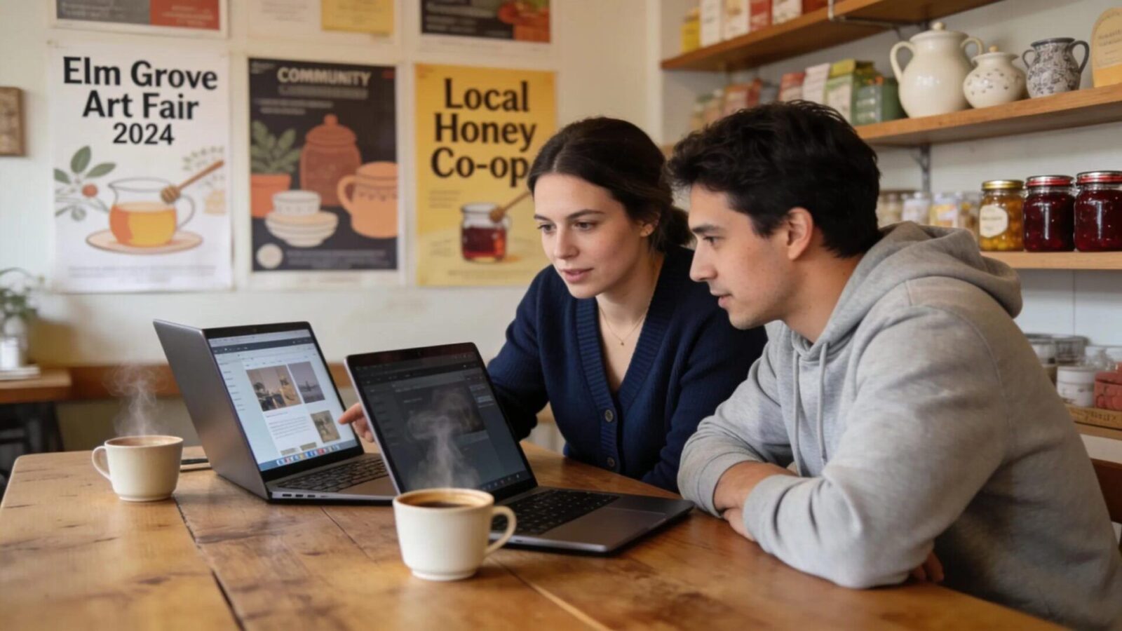 Small business owner and web designer discussing local SEO strategies in a café