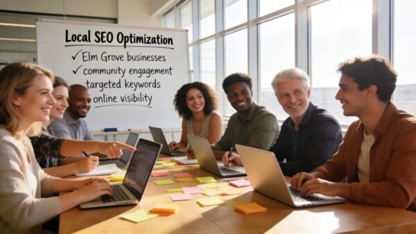 Business owners collaborating on local SEO strategies in Elm Grove
