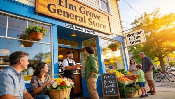 Local business storefront in Elm Grove bustling with activity, emphasizing community engagement and local presence