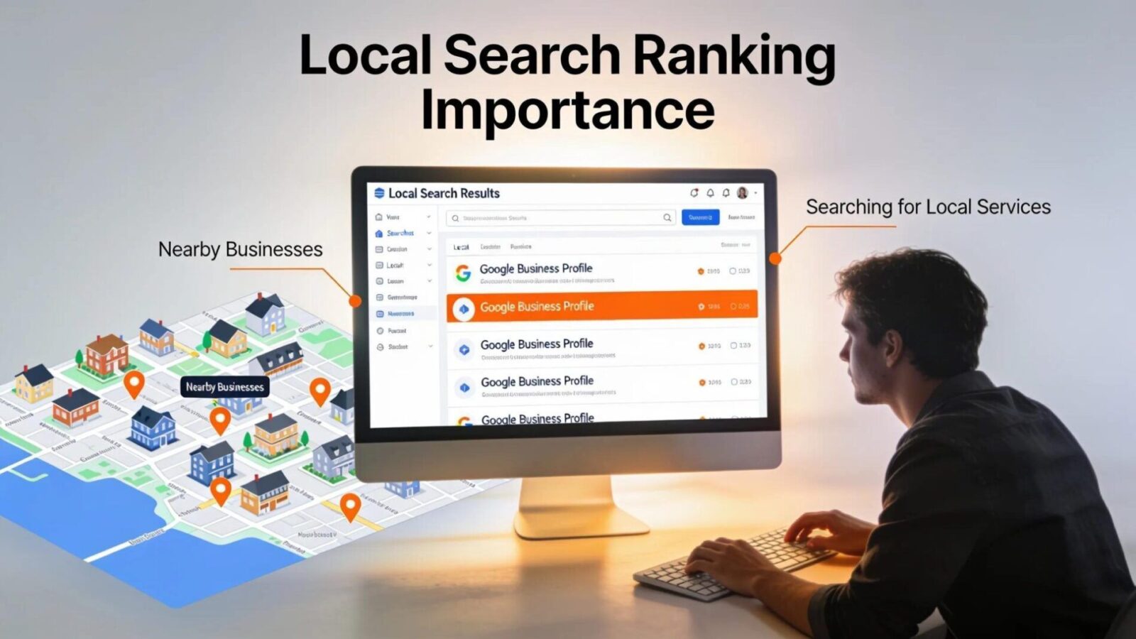 Search results with Google Business Profiles, emphasizing local search ranking influence
