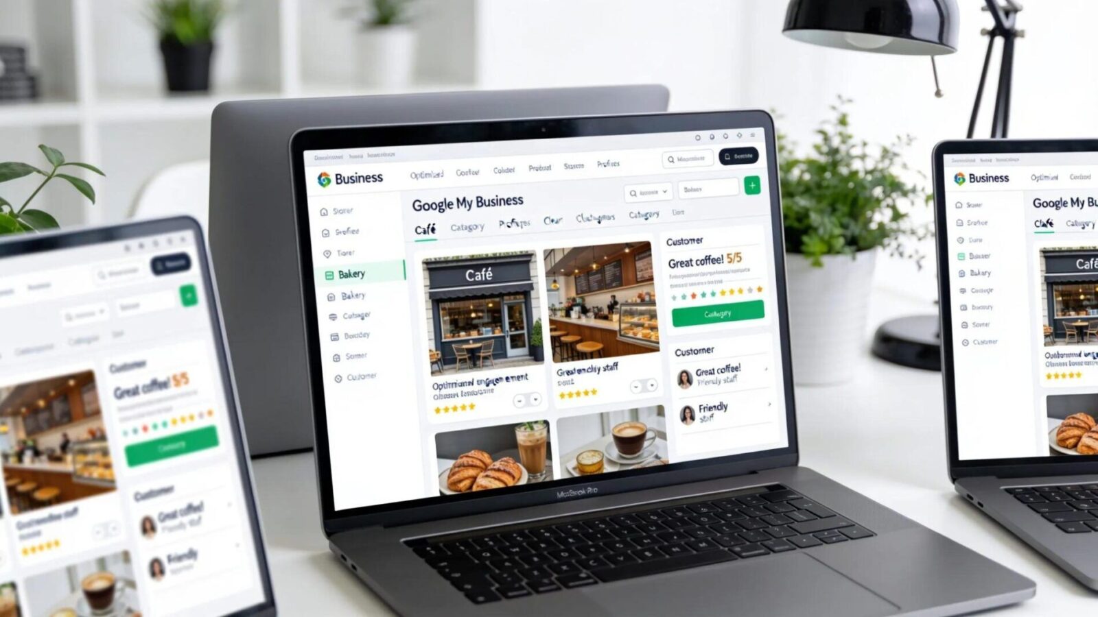 Screens displaying optimized Google My Business profiles with high-quality images and customer engagement features
