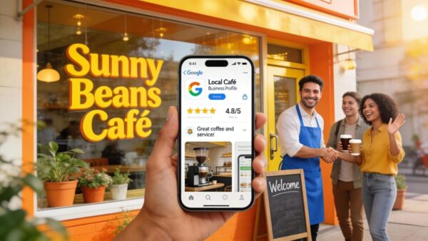 Storefront showing Google Business Profile on smartphone, highlighting local business visibility strategies