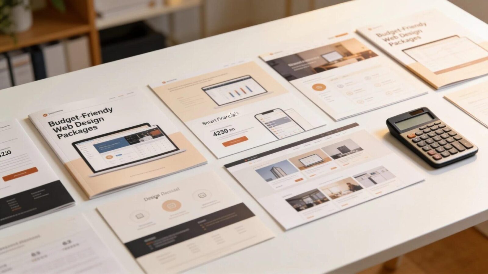 Display of budget-friendly web design packages in an organized workspace