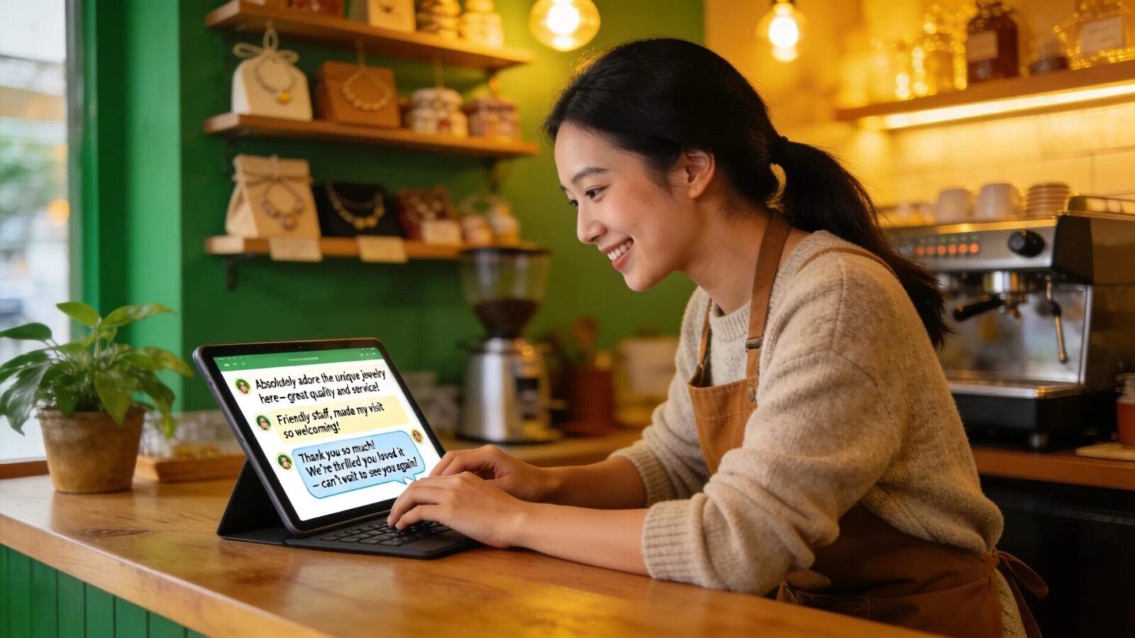 Business owner responding to positive reviews on a device, showcasing review management importance