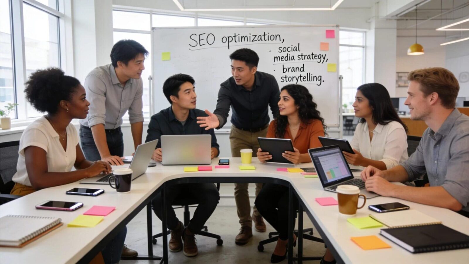 A collaborative team meeting focused on developing content marketing strategies in a bright office.