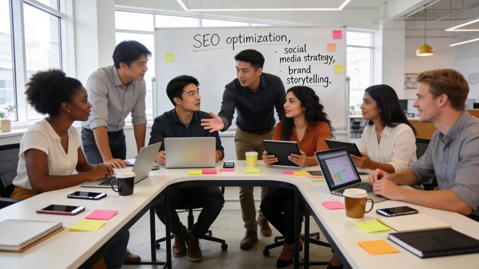 A collaborative team meeting focused on developing content marketing strategies in a bright office.