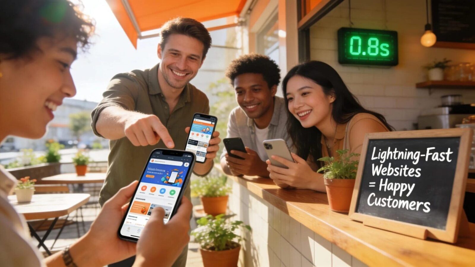Business owner engaging with customers through mobile devices in a café setting