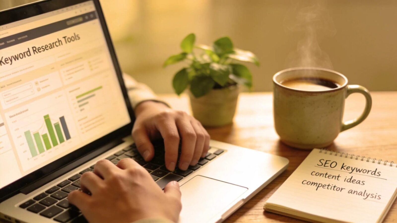 Person conducting keyword research using tools on a laptop in a warm, inviting workspace