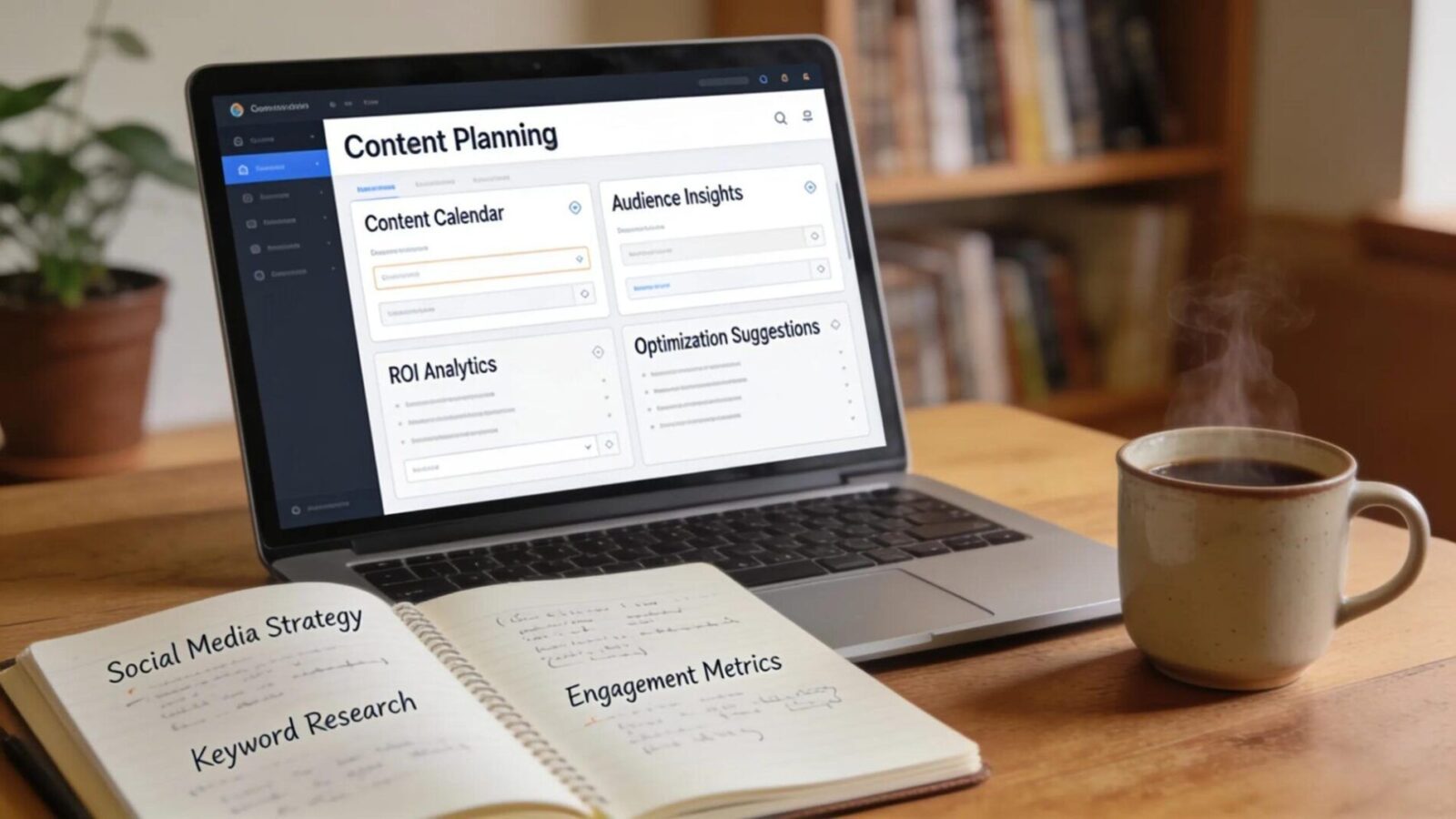 Close-up of a laptop displaying content planning tools with notebooks and coffee in a home office setting