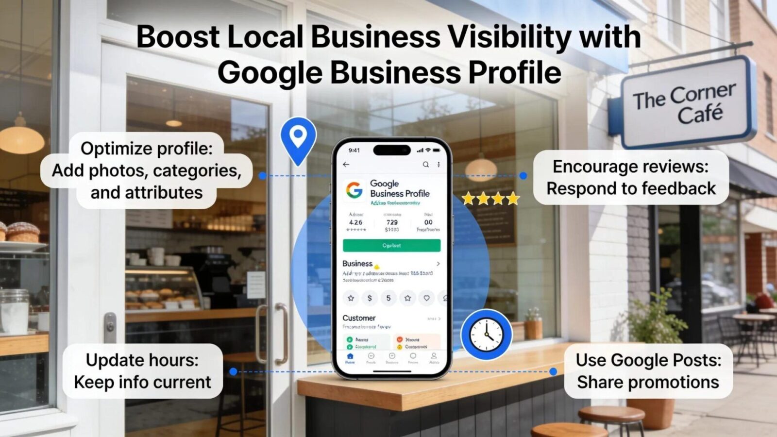 Storefront showing Google Business Profile on smartphone, highlighting local business visibility strategies