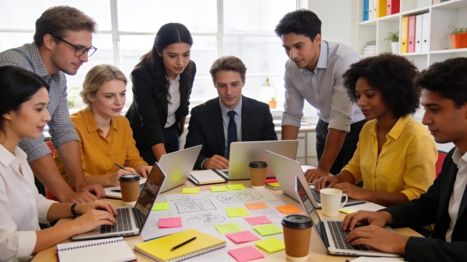 Group of diverse professionals collaborating on content marketing strategies in a modern office