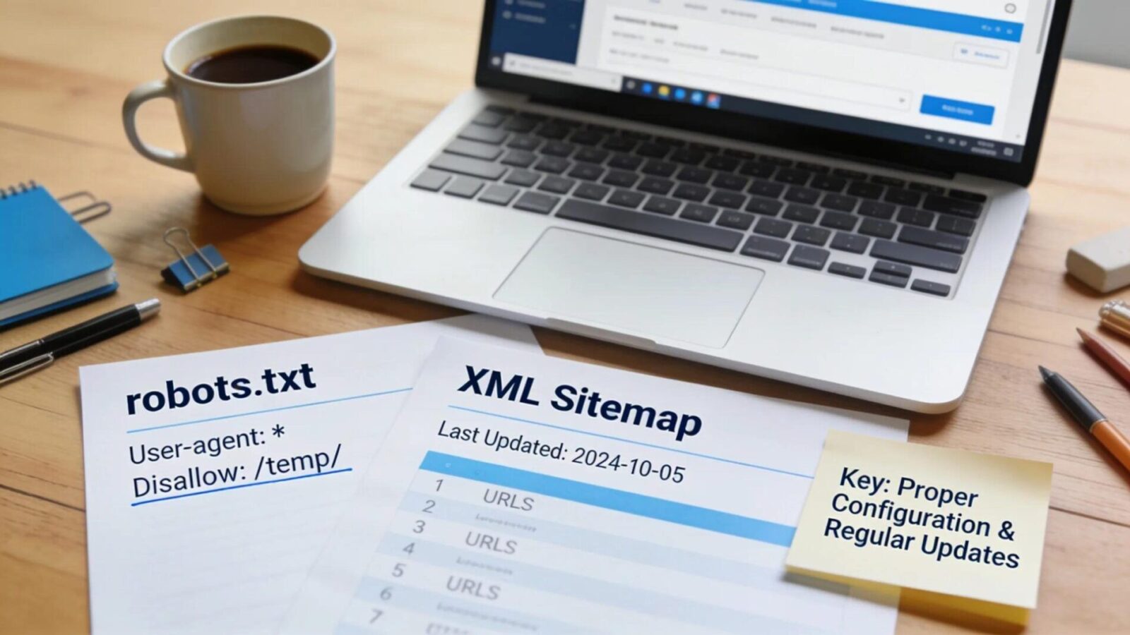 Graphic representation of best practices for robots.txt and XML sitemaps enhancing crawlability