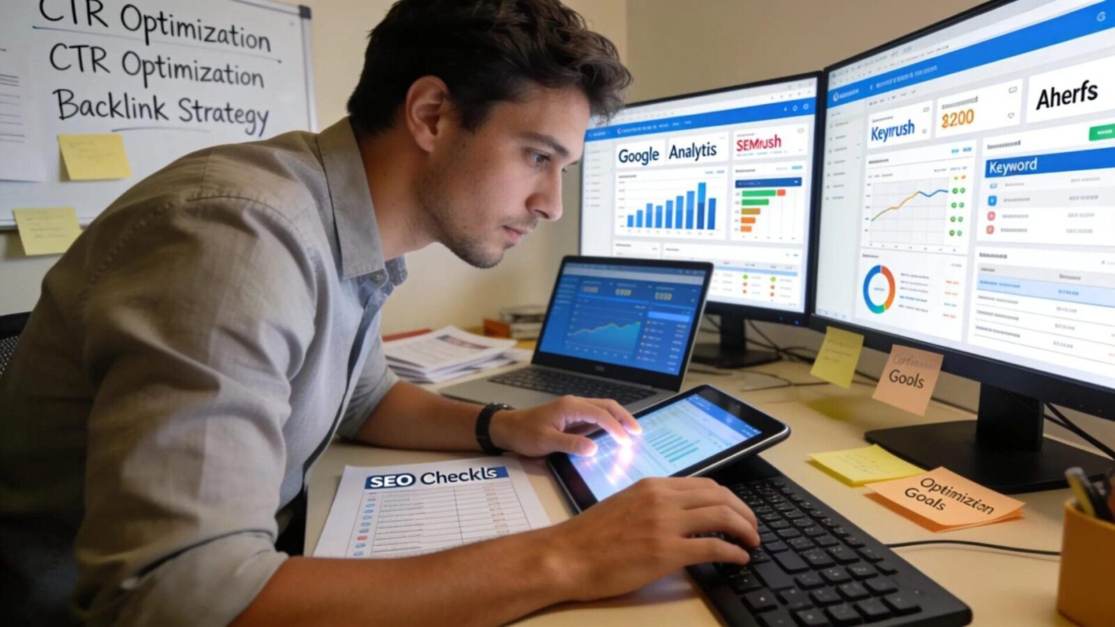 Digital marketing professional examining SEO auditing tools for ongoing optimization strategy