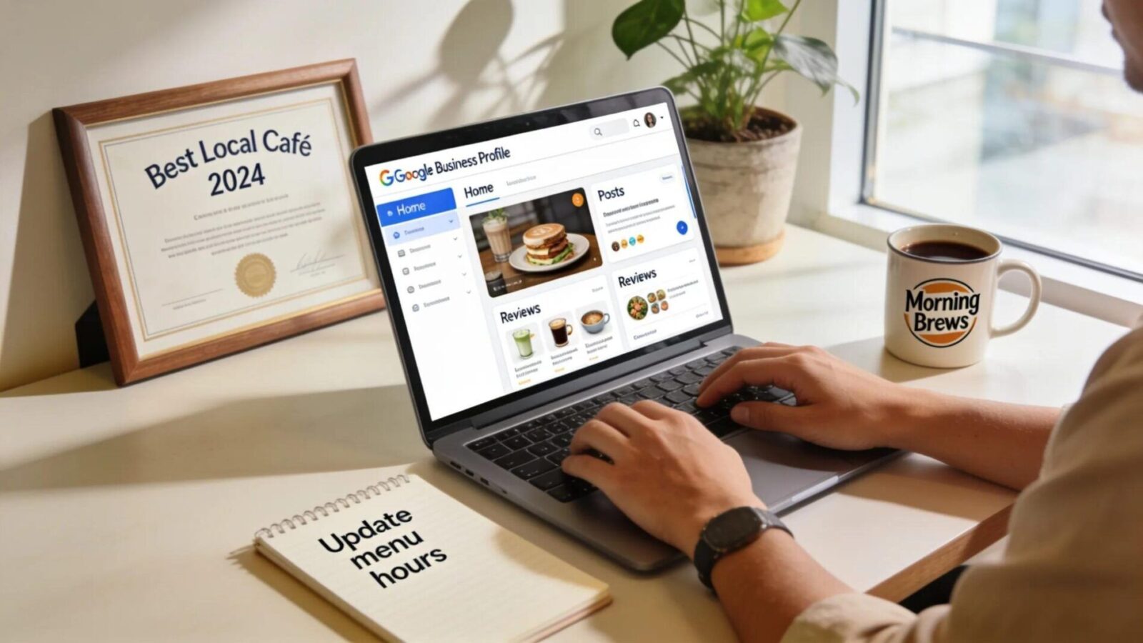 Business owner optimizing Google Business Profile to enhance local keyword targeting