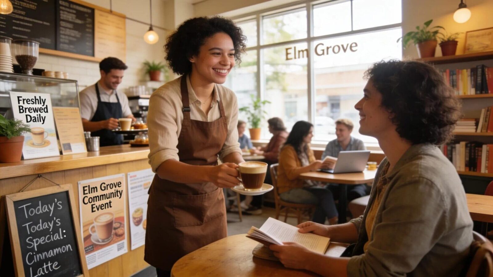 Local coffee shop in Elm Grove with customers enjoying the ambiance and community interaction