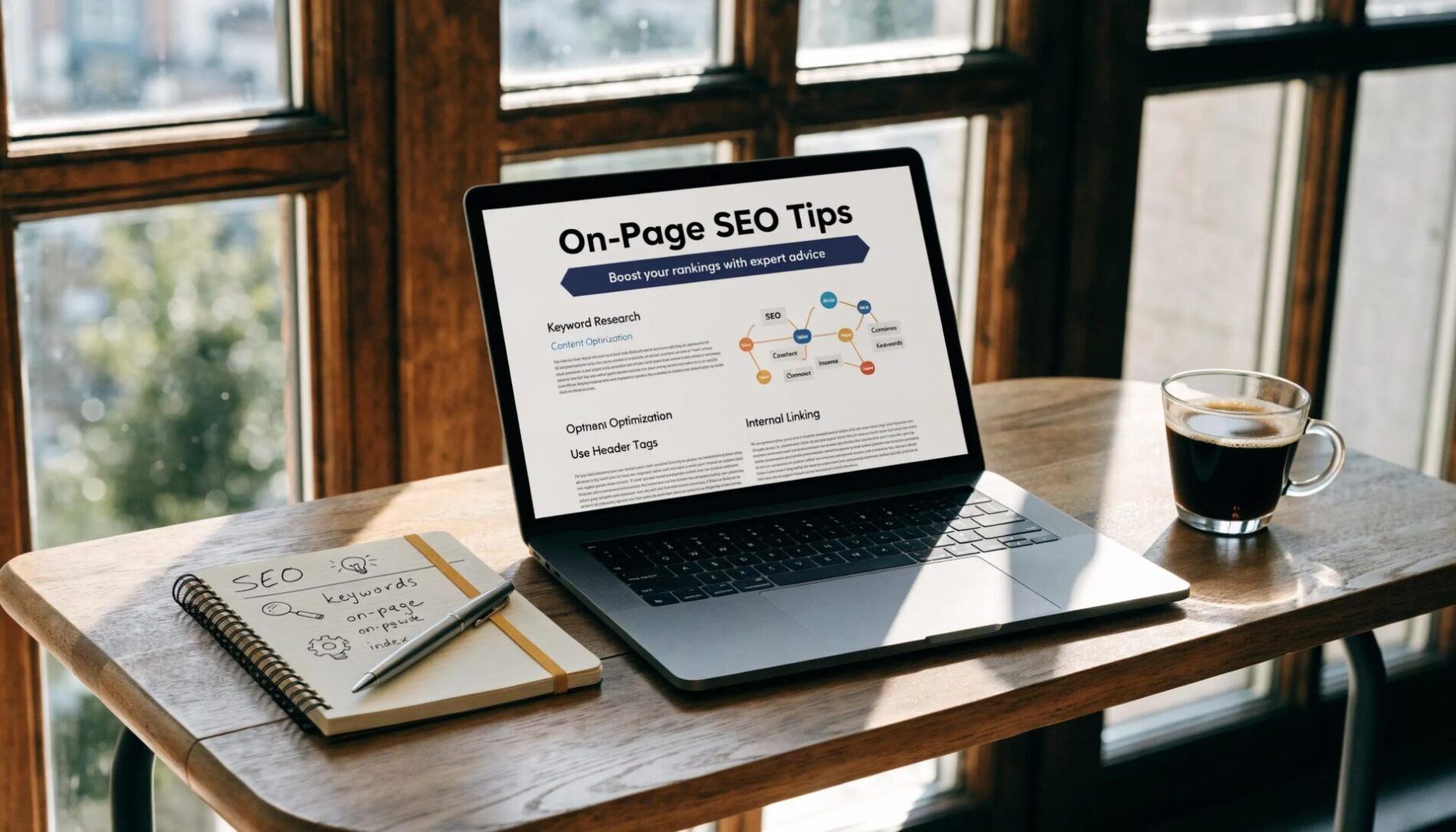 On-page SEO techniques with a laptop and SEO icons symbolizing optimization