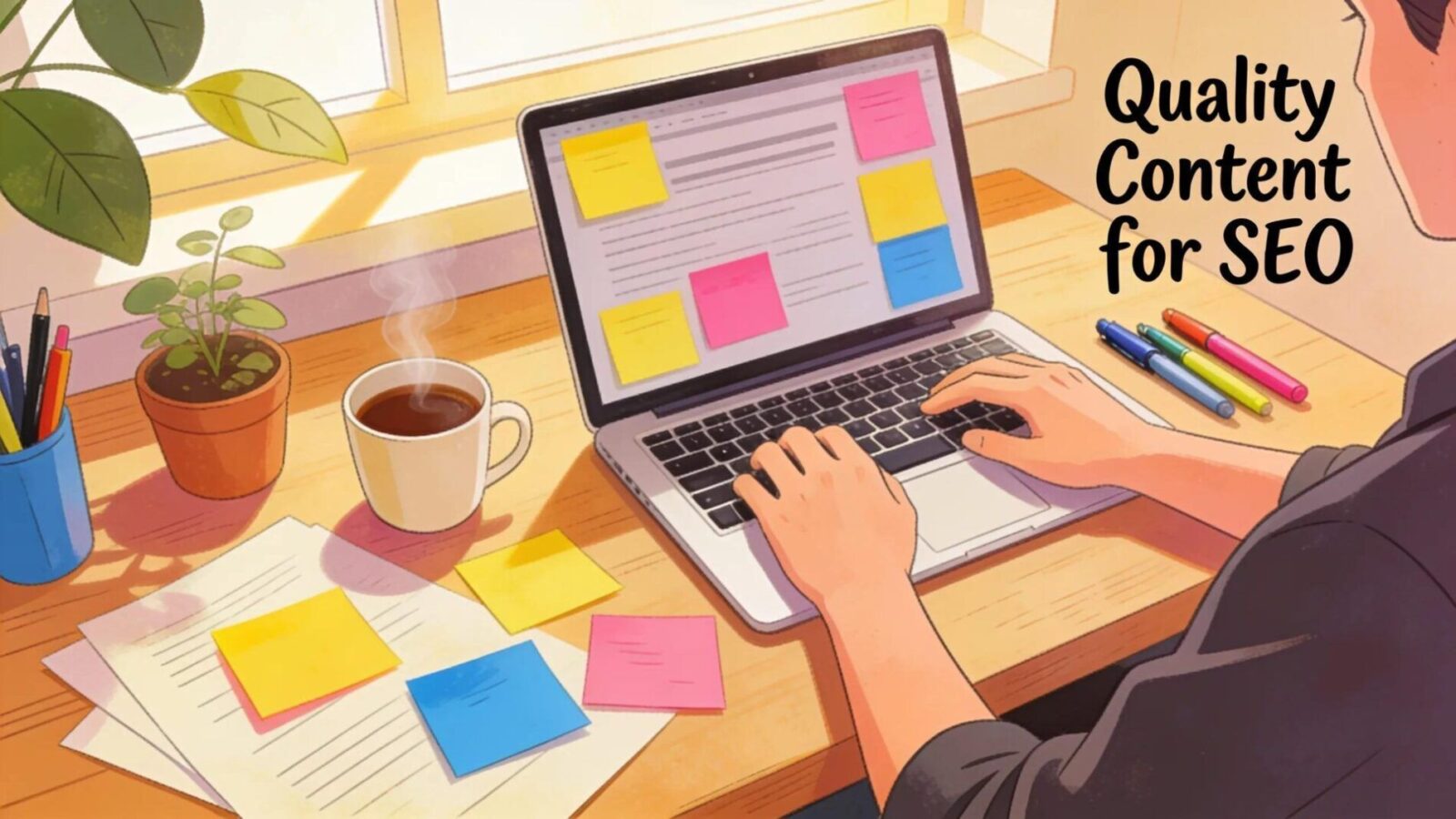 Creative workspace for content creation with a laptop and writing tools enhancing engagement