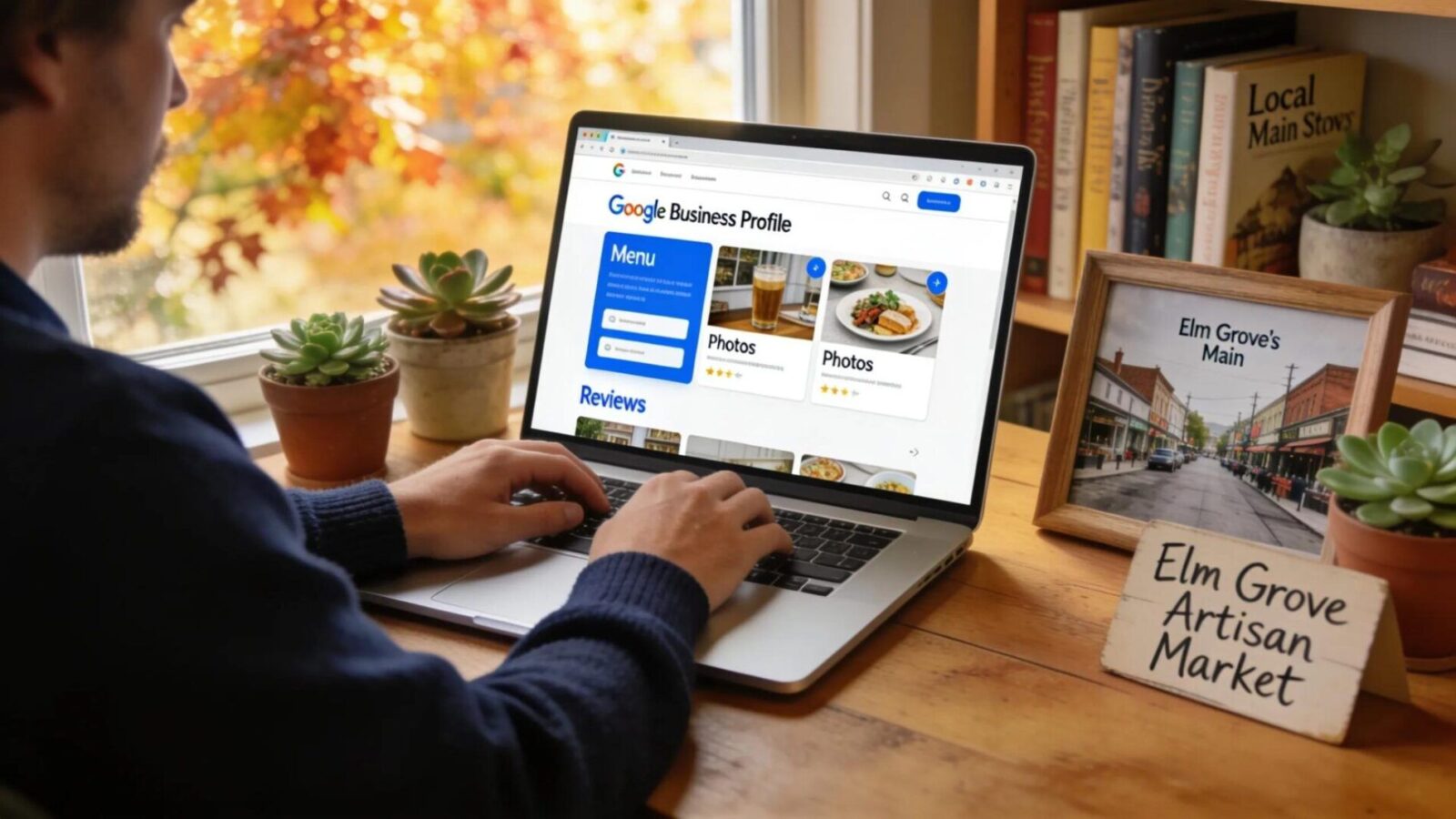 Business owner optimizing their Google Business Profile on a laptop in a modern office