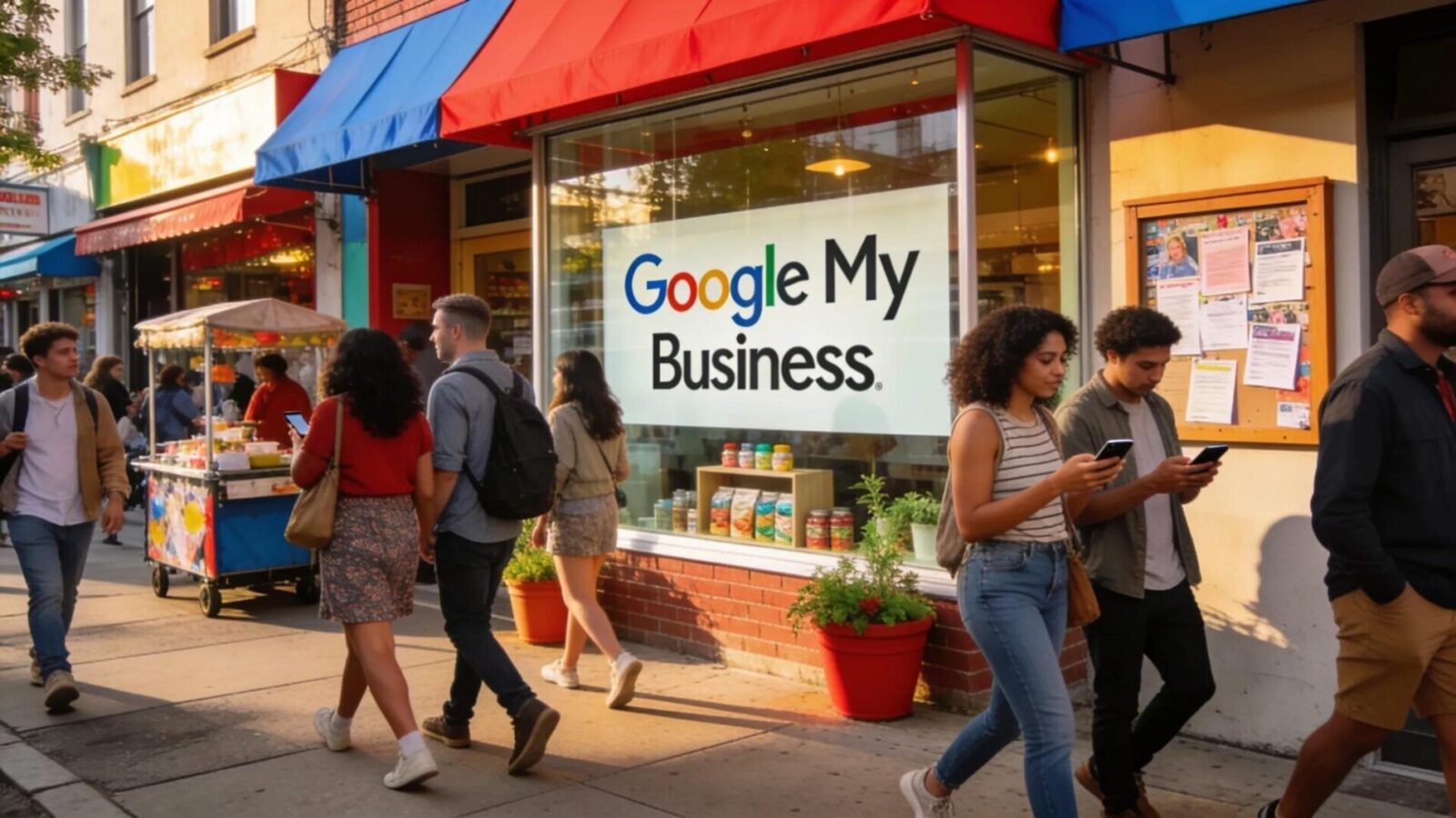 Local business attracting customers with engaging storefront near a busy street, highlighting community connection