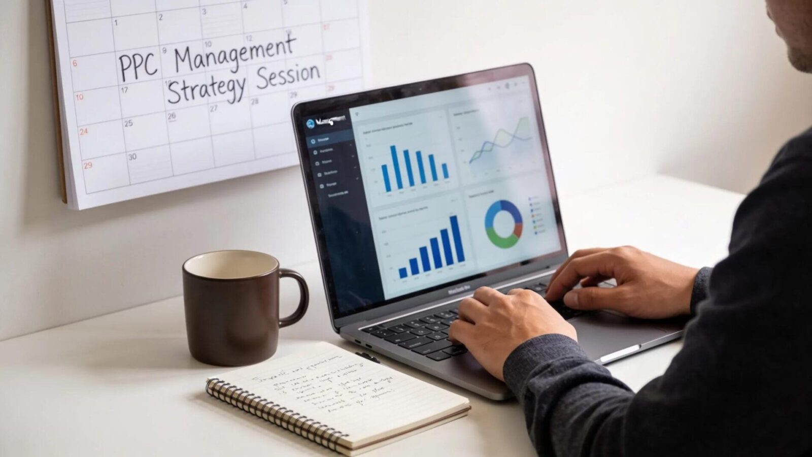 Professional analyzing PPC campaign data in a modern office, optimizing advertising strategies