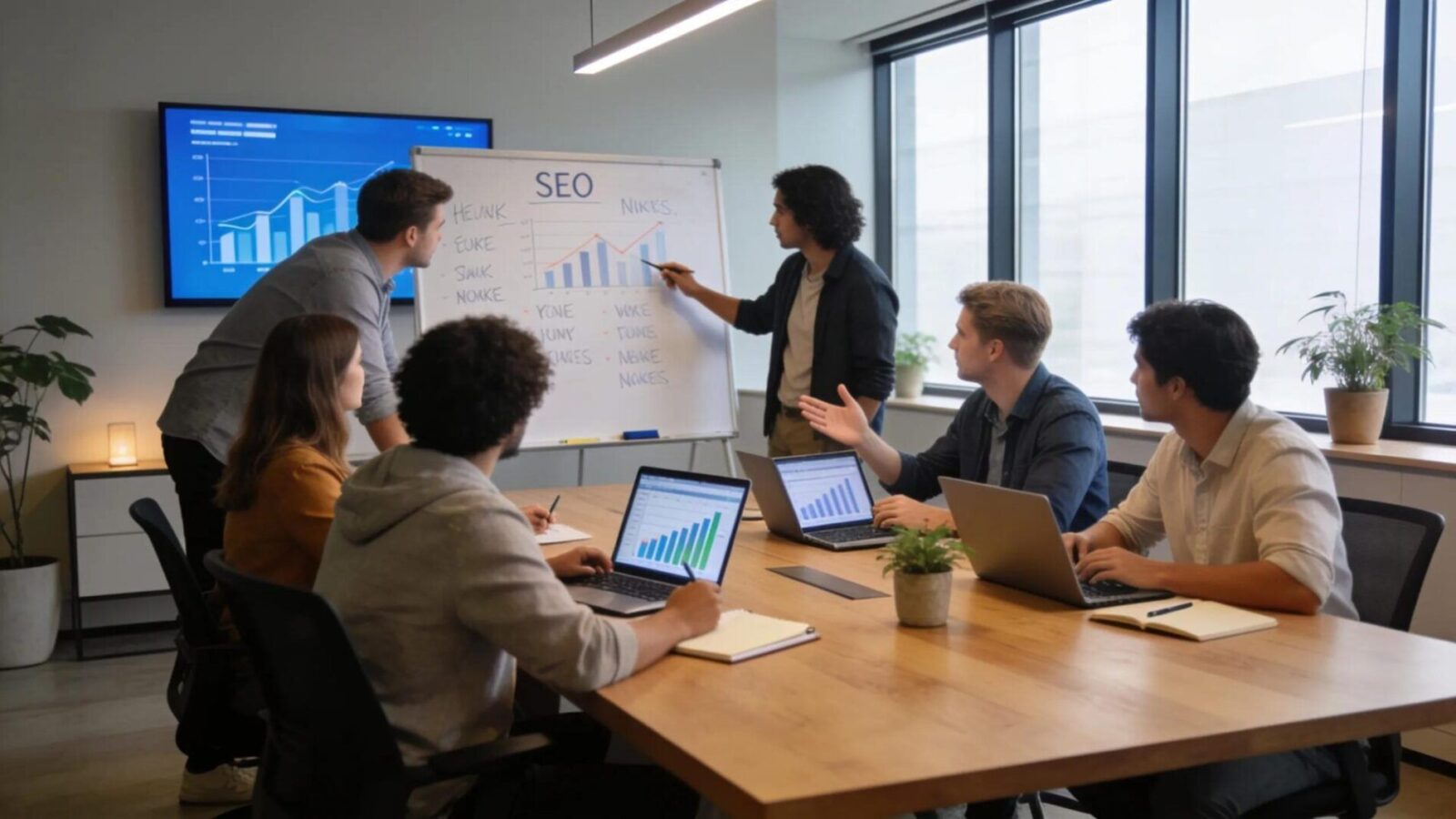 Team of digital marketing professionals discussing SEO strategies in a modern workspace