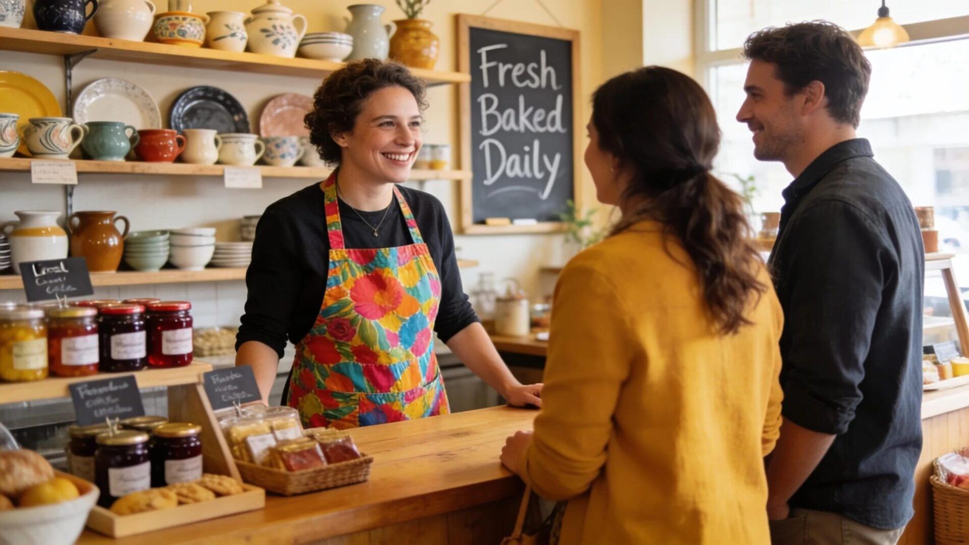 Small business owner interacting with customers in a welcoming shop