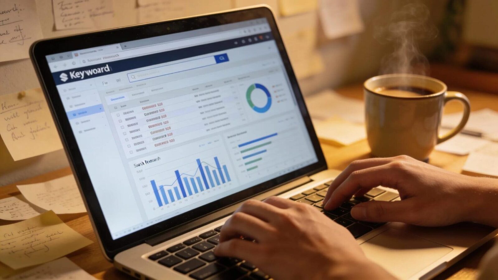 Hands typing on a laptop during keyword research for SEO campaigns