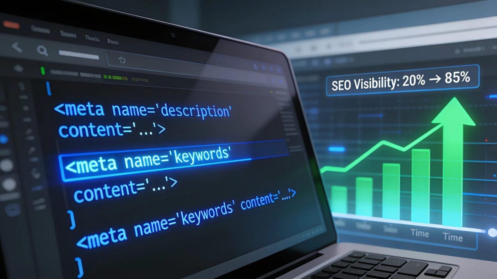 Close-up of HTML code with meta tags highlighting their role in enhancing search engine visibility