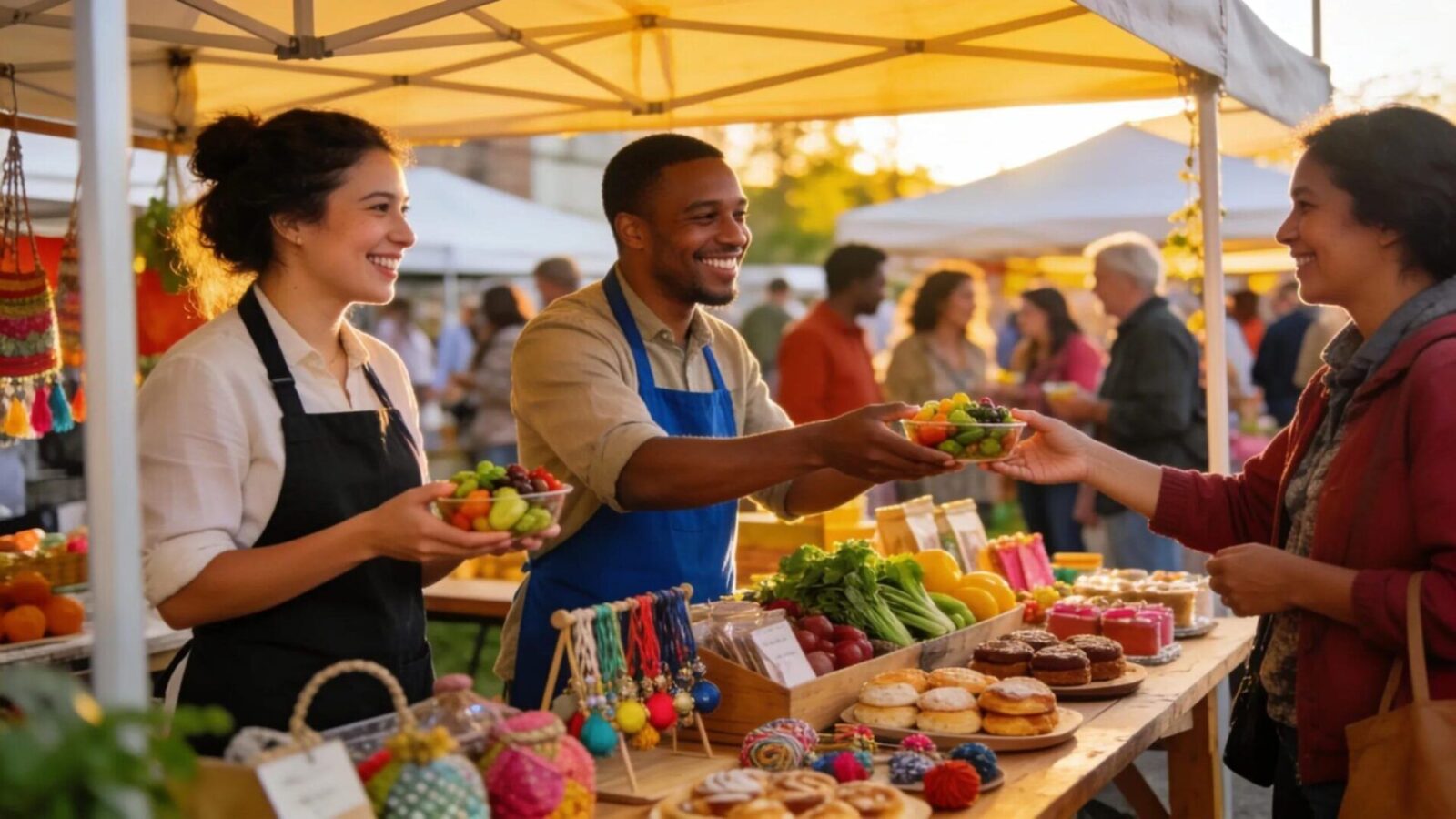 Business owner engaging with customers at a community event, highlighting local advertising effectiveness