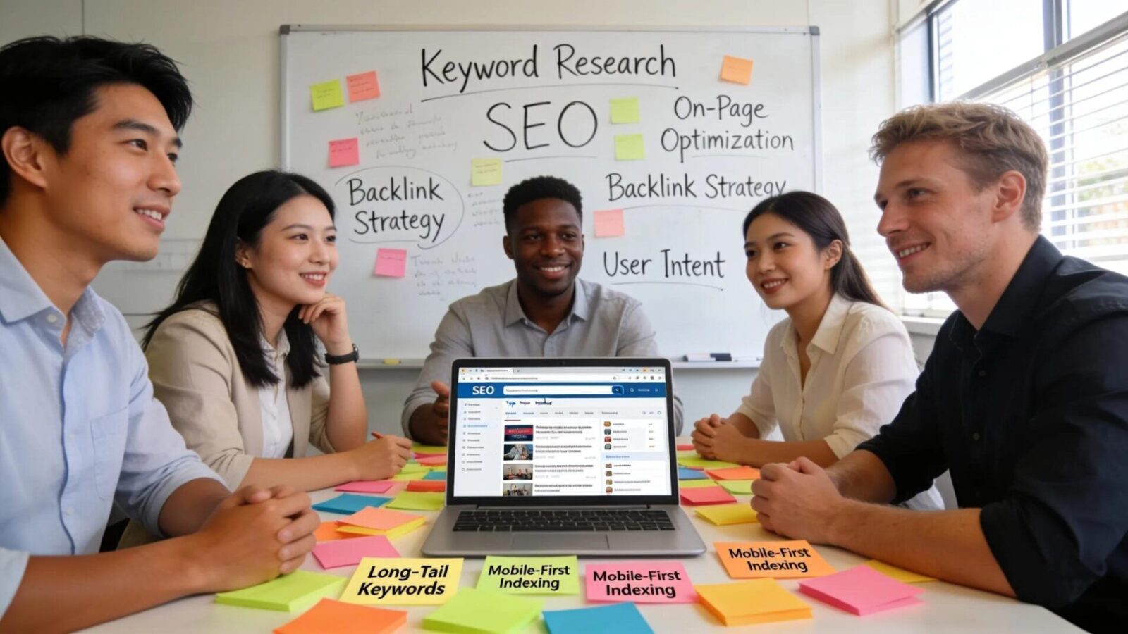 Team of professionals collaborating on digital marketing and SEO strategies in a modern office environment