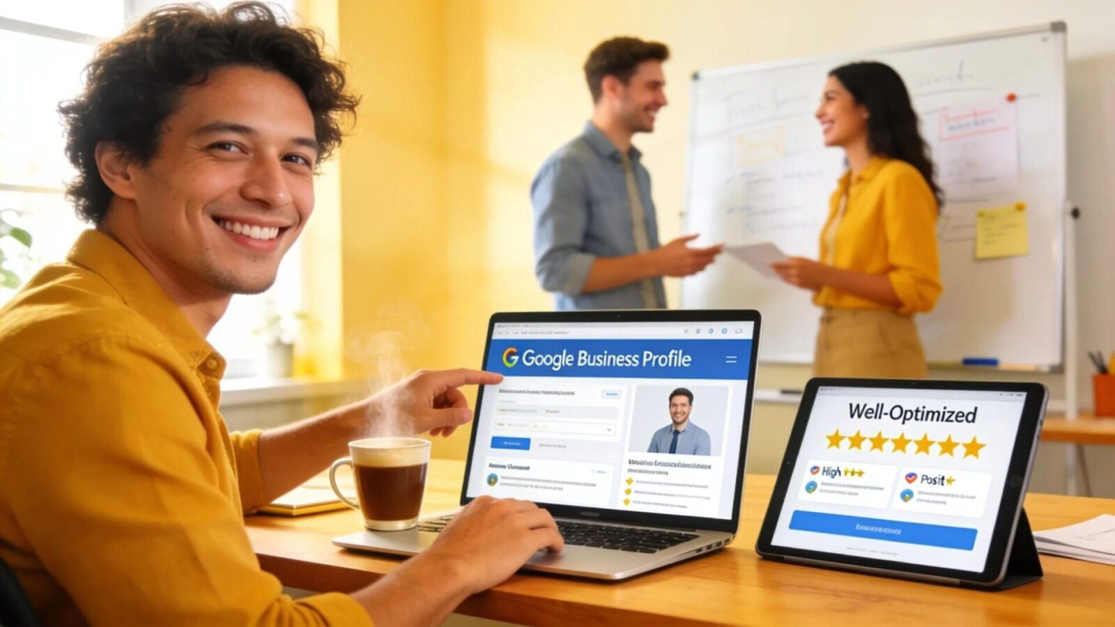Business owner optimizing Google Business Profile on laptop in a modern office