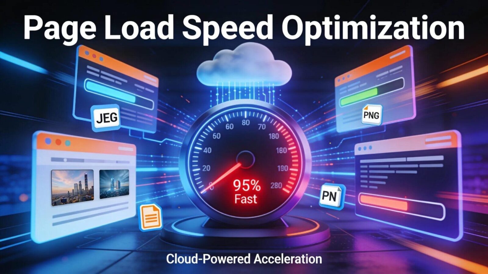 Illustration of page load speed optimization with a speedometer and fast-loading elements