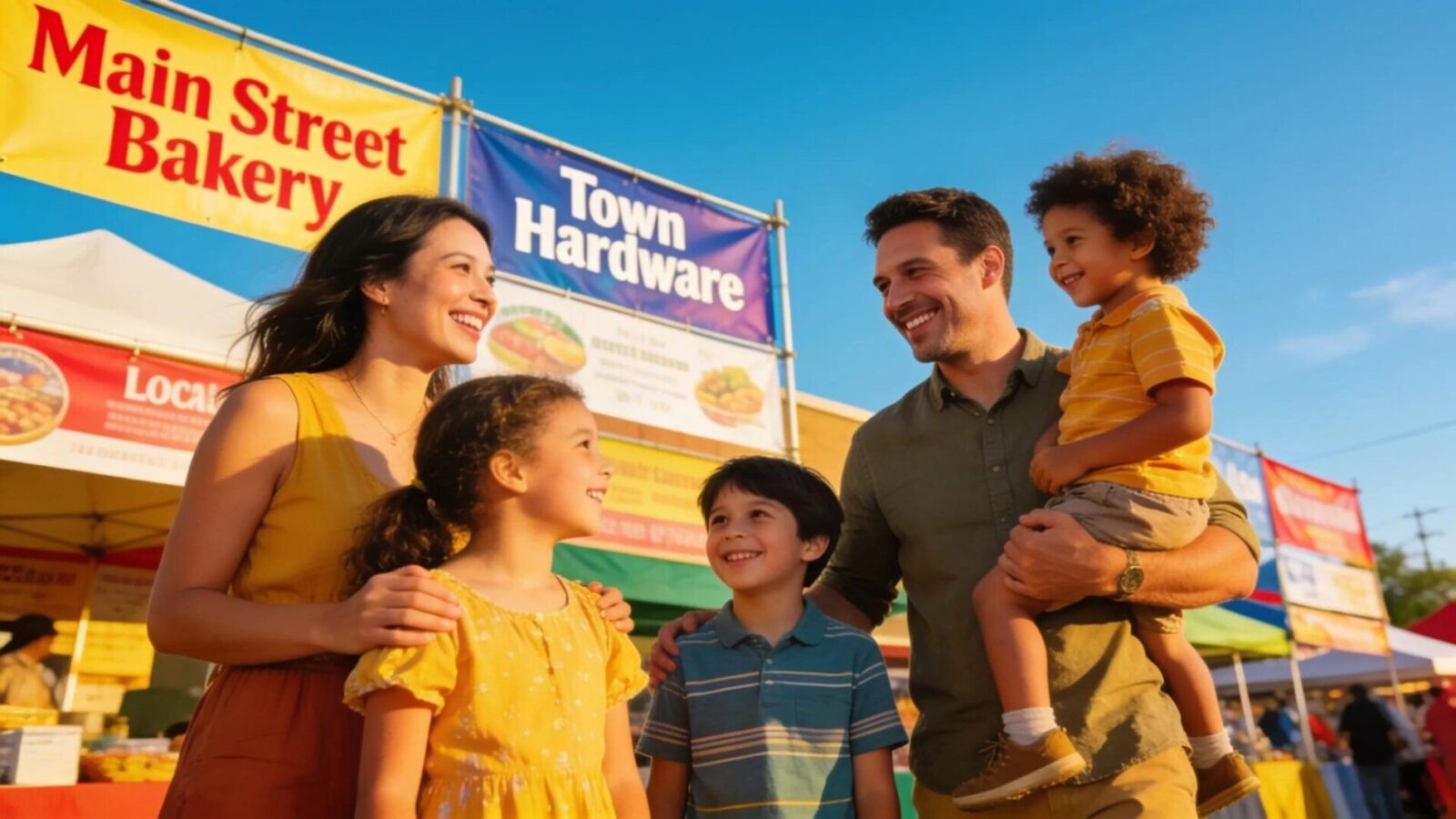 Community event showcasing local business advertisements, promoting customer engagement in Elm Grove