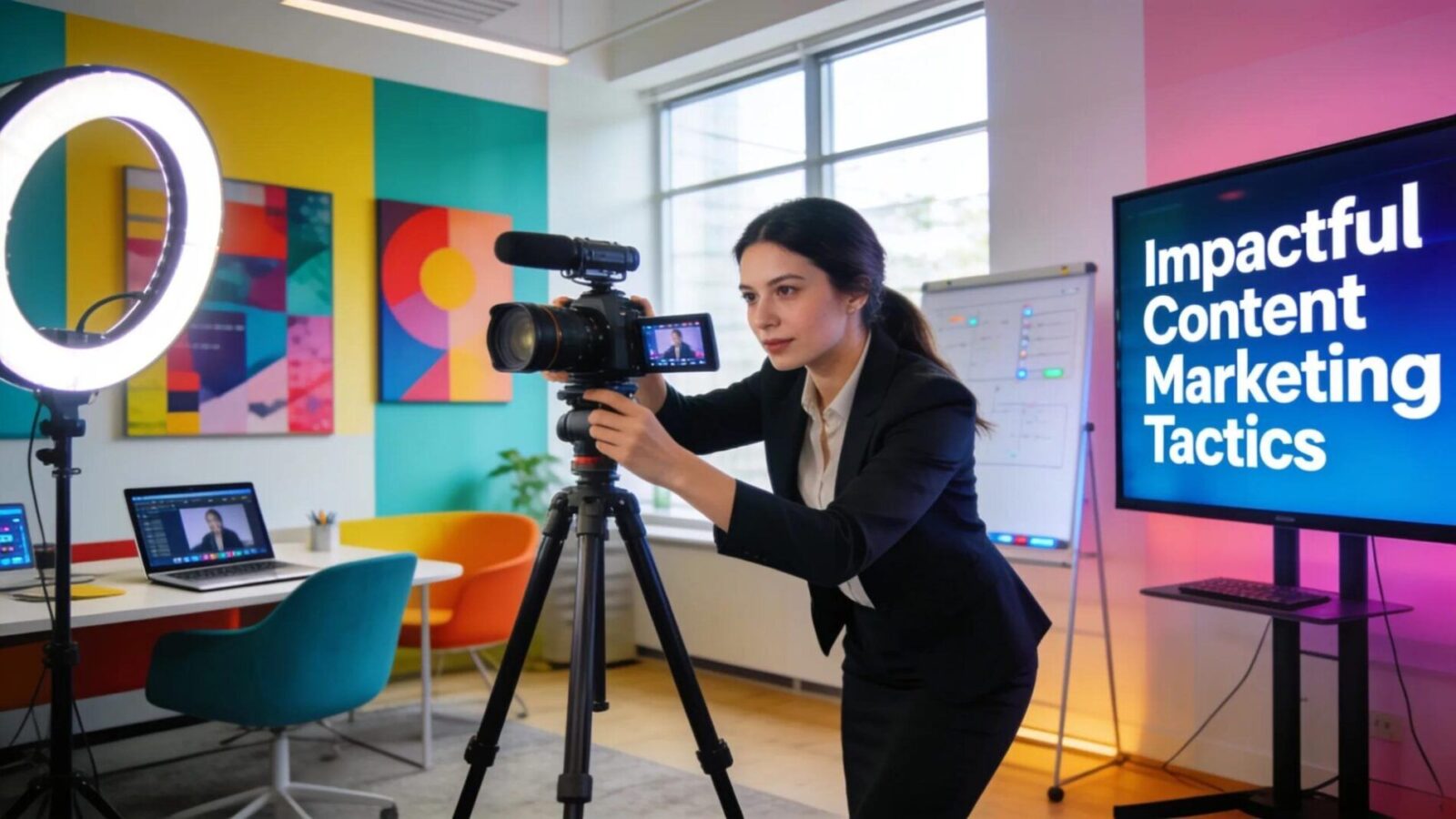 Businesswoman creating video content for content marketing in a stylish office environment