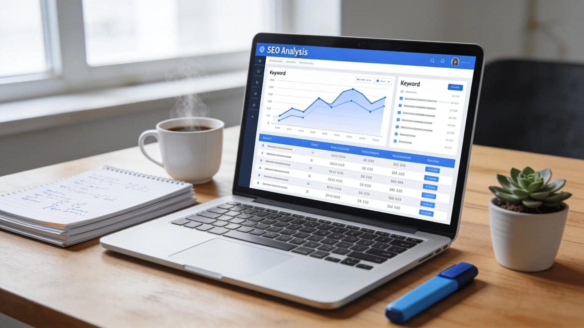 Digital workspace illustrating SEO content optimization with keywords and analytics
