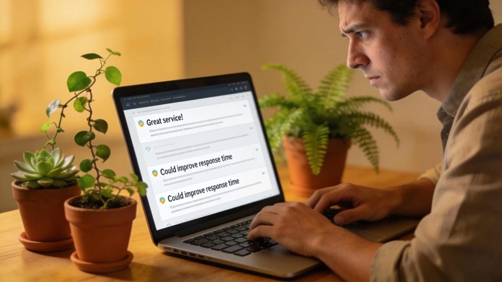 Business owner responding to customer reviews on a laptop