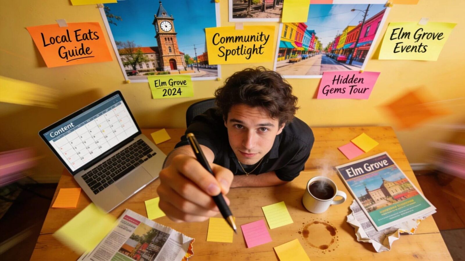 Content creator brainstorming local marketing ideas with sticky notes and Elm Grove landmarks