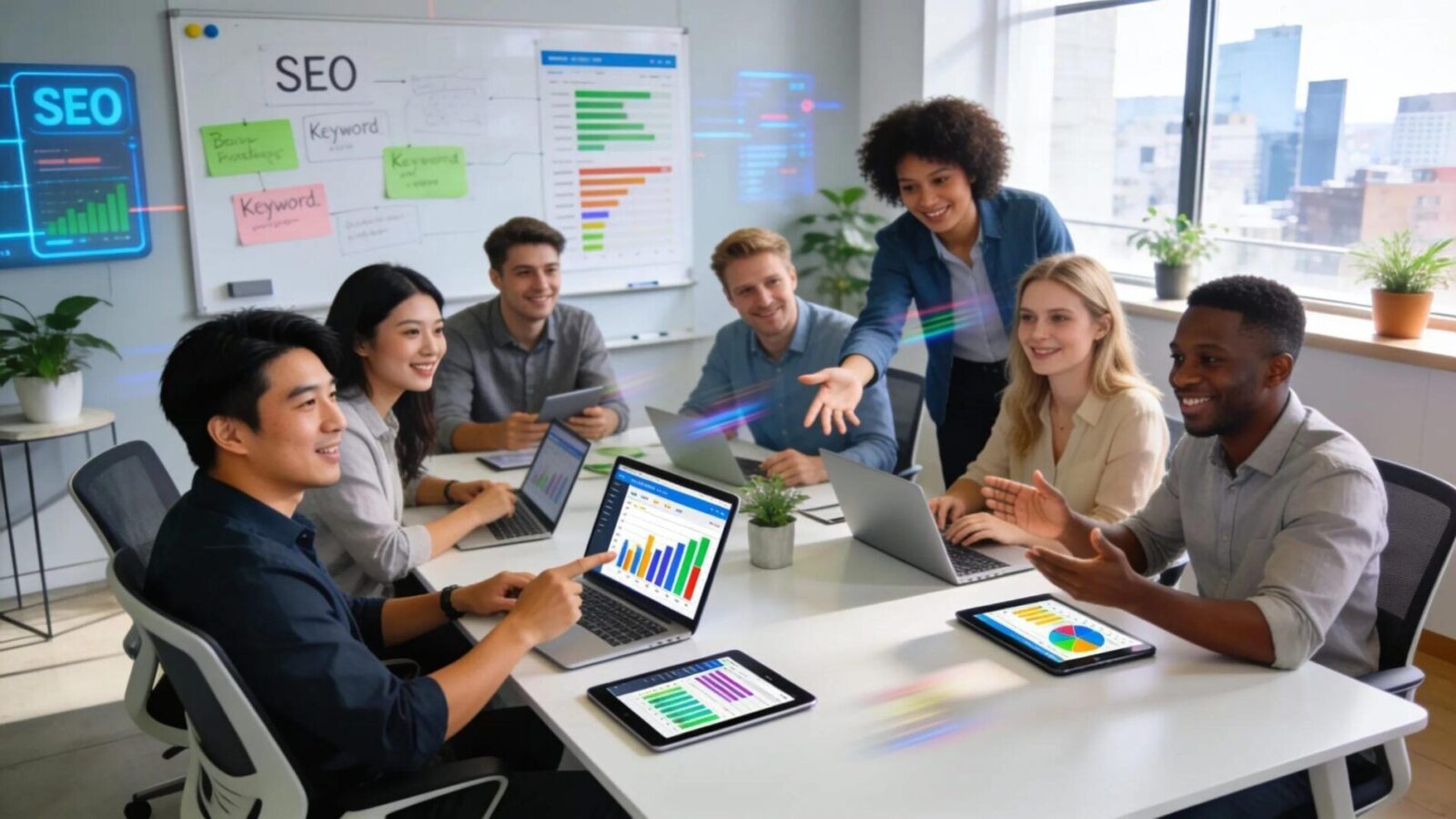 Professionals collaborating on technical SEO strategies in a modern office setting