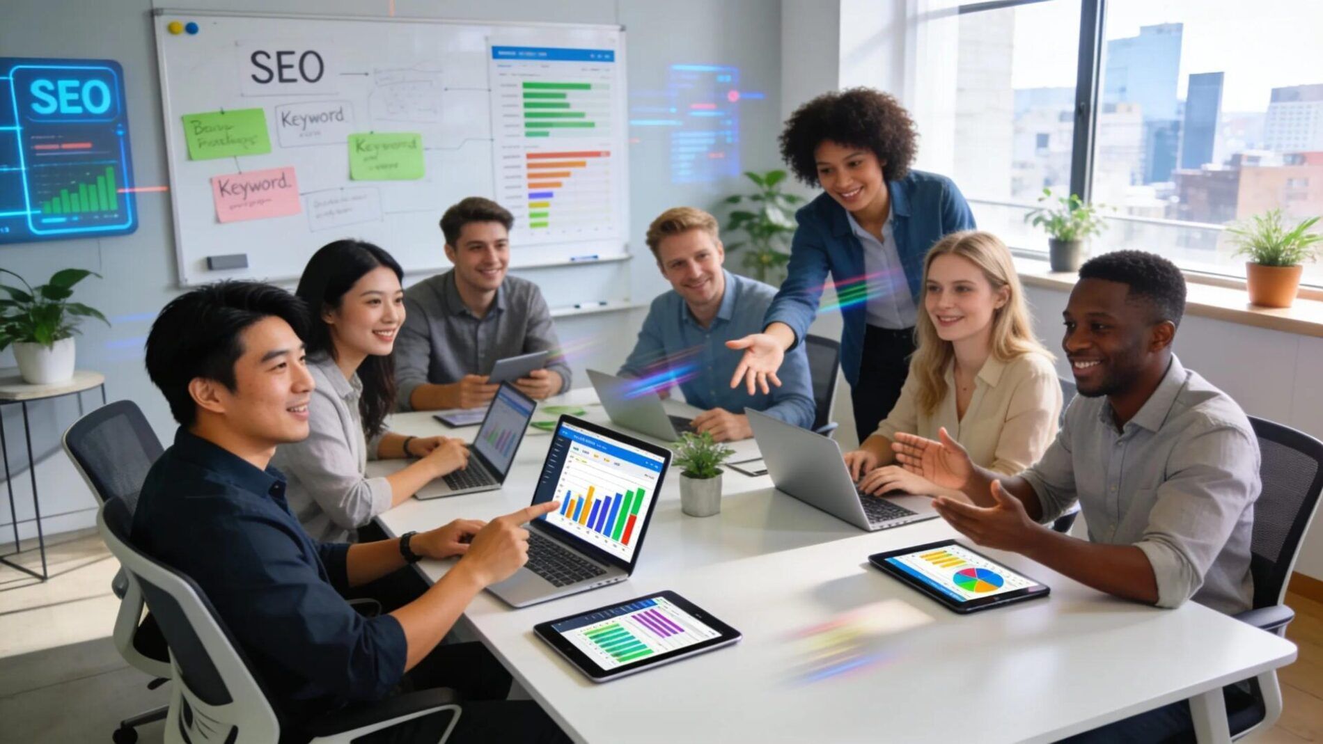 Professionals collaborating on technical SEO strategies in a modern office setting