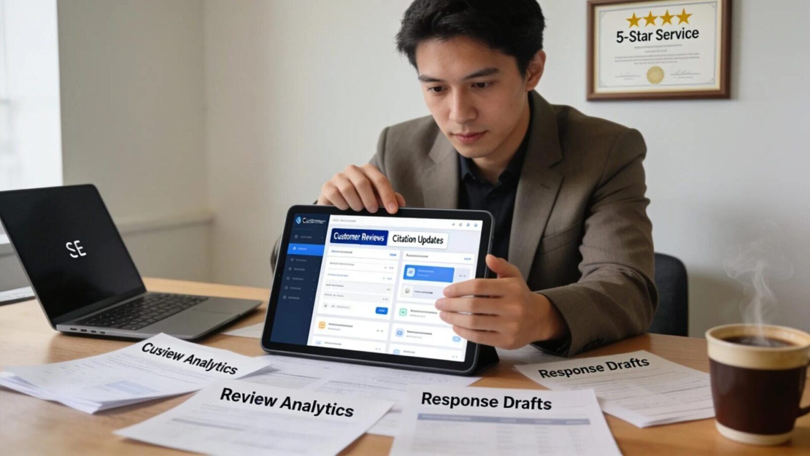 Individual managing online citations and reviews to support local SEO efforts